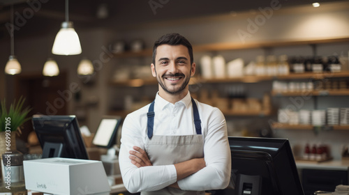 Smiling male cashier at checkout counter with digital tablet in store