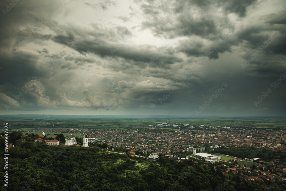 The town of Vršac under the rain clouds
