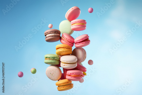 Colorful macrons flying in the air photo
