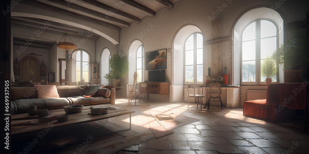Mediterranean style interior of spacious living room in luxury house.
