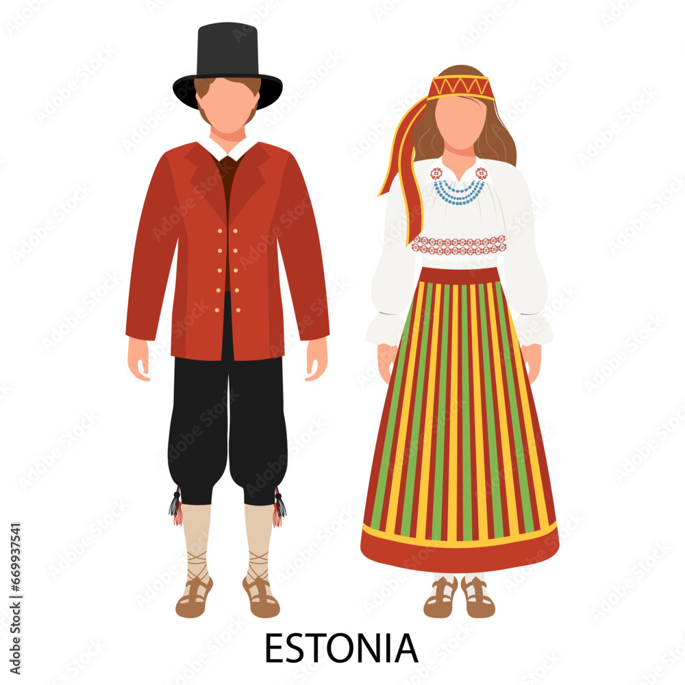 Man and woman, couple in Estonian folk costumes. Culture and traditions of Estonia. Illustration, vector