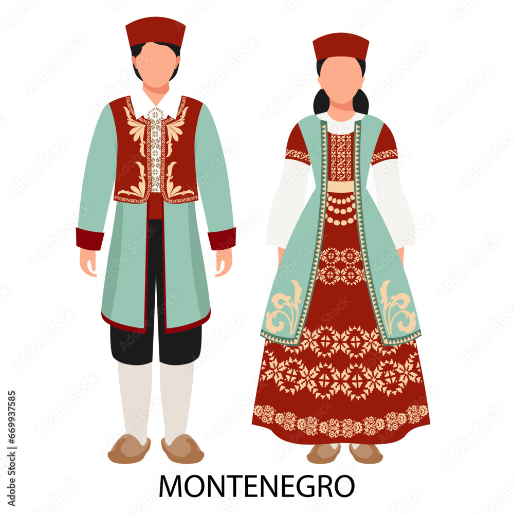 A man and a woman in Montenegrin folk costumes. A couple of Montenegrins. Culture and traditions of Montenegro. Illustration, vector
