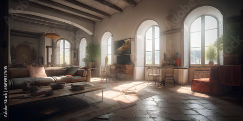 Mediterranean style interior of spacious living room in luxury house. © tynza