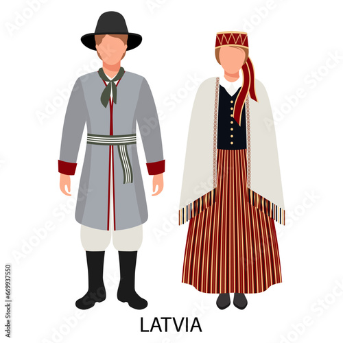 A man and a woman, a couple in Latvian folk costumes. Culture and traditions of Latvia. Illustration, vector photo