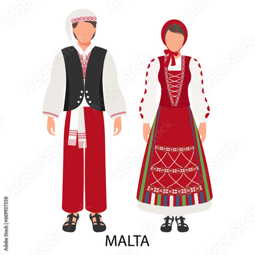A man and a woman, a couple in Maltese folk costumes. Culture and traditions of Malta. Illustration, vector