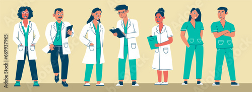 Doctors' male and female characters set. Friendly and caring medical workers in white coats. Healthcare service vector flat illustration.