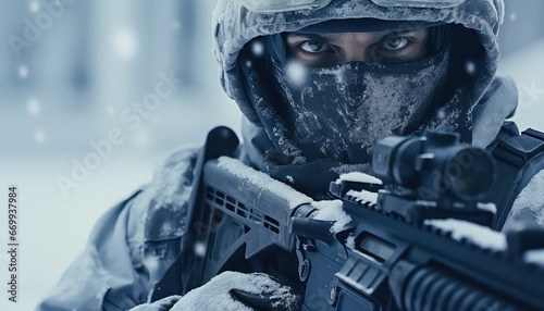A sniper with a weapon sits in a winter forest