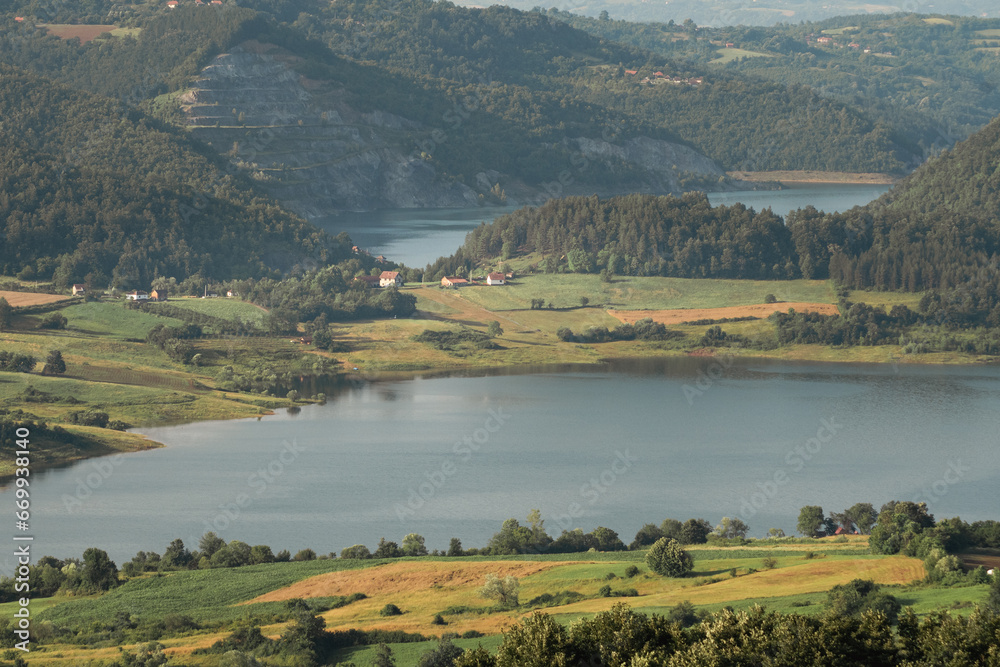 A beautiful view of Rovni artificial lake and its surroundings in western Serbia