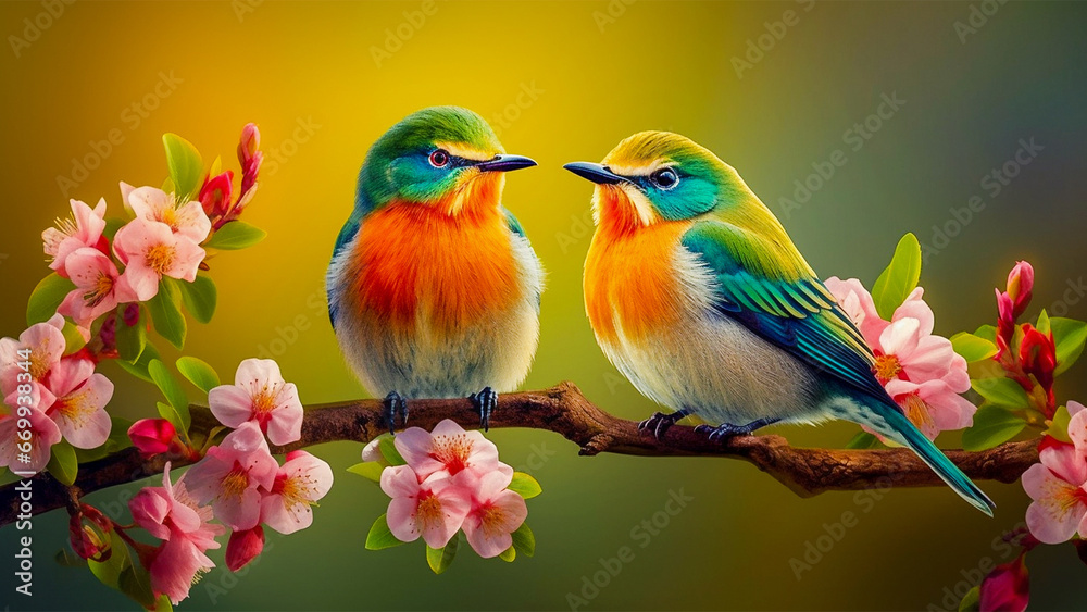  two bird perched on flower branch, green forest background, flowers, Generative AI