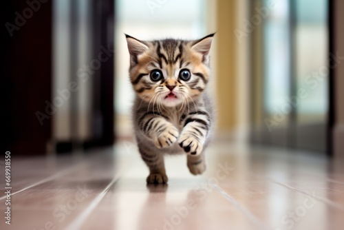 Cute American shorthair striped kitten running at home © Yulia