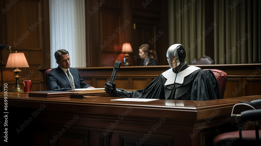 Robot dressed as a judge sitting in a courtroom - obrazy, fototapety, plakaty 