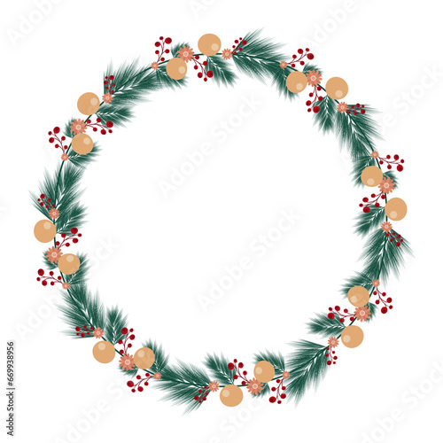 Fototapeta Naklejka Na Ścianę i Meble -  Round frame contour wreath with herbs and flowers isolated on white. Round frame Seamless pattern brush for your posters, designs, greeting cards, and wedding announcements