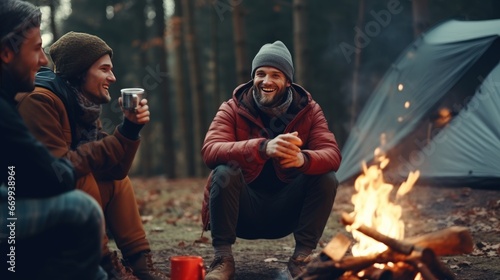 A group of male tourists enjoying a conversation in a tent in the autumn forest. A group of friends takes a break from the bustle of the big city in the forest.
