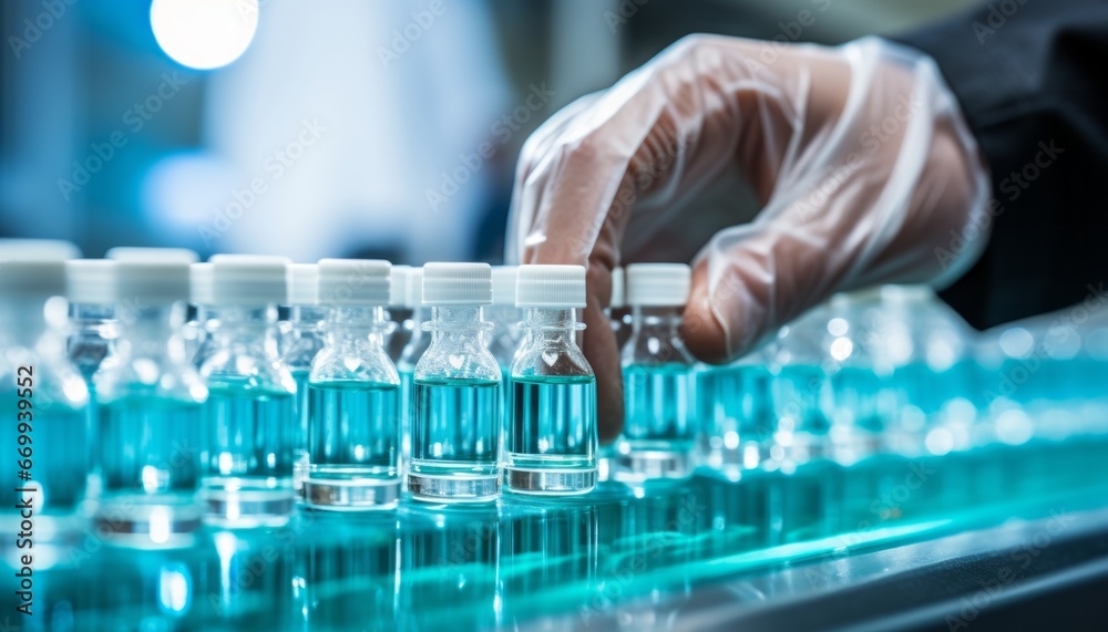 Pharmaceutical Quality Check. Gloves-Clad Hand Inspects Medical Vials on Production Line Pharmaceutical Quality Check. Gloves-Clad Hand Inspects Medical Vials on Production Line