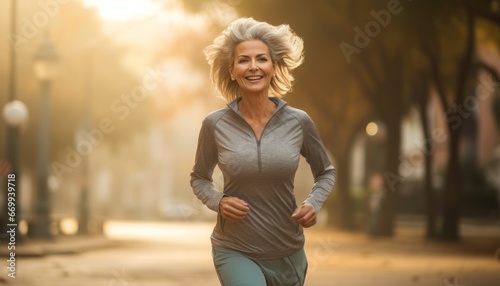 Elderly Woman Embracing a Healthy Lifestyle for Longevity. Morning Run in the Park © sorin