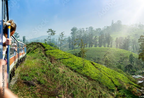 Young woman enjoying train ride from Ella to Kandy among tea plantations in the highlands of Sri Lanka