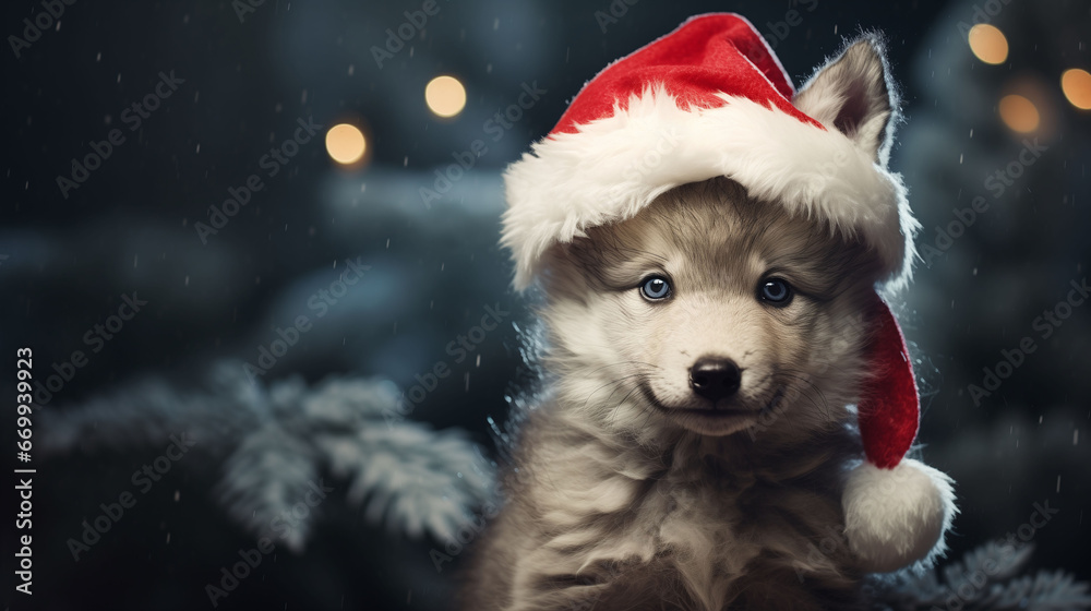 Portrait of a little baby wolf in the snowy winter forest, in Danta red hat. Snowand lighting. Night forest background. Christmas postcard. Copy space. Generative AI Portrait of a little baby wolf in the snowy winter forest, in Danta red hat. Snowand lighting. Night forest background. Christmas postcard. Copy space. Generative AI