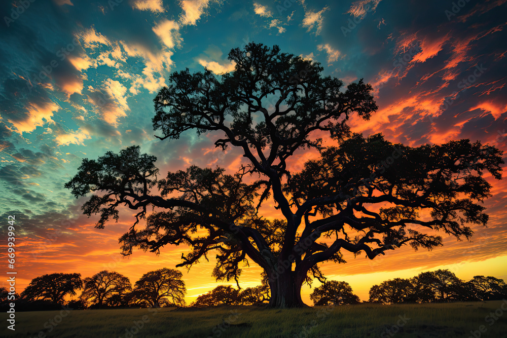 sunset in the forest, big tree background , oak tree sunset in the forest, big tree background , oak tree