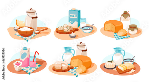 Dairy products set. Organic homemade food. Cartoon vector illustration
