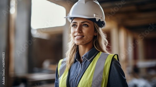 portrait of a smiling young female engineer working at a construction site. Wear a white construction safety helmet, work vest and ppe