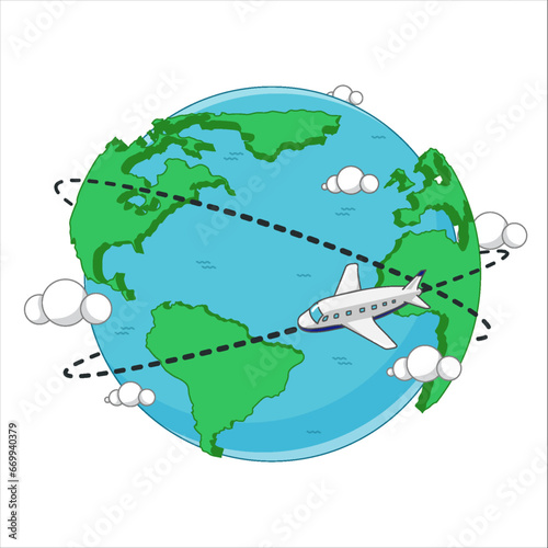 Travel around the world 2d vector cartoon, World map vector on white background, World planet, global warming, globe and plane, world tour.