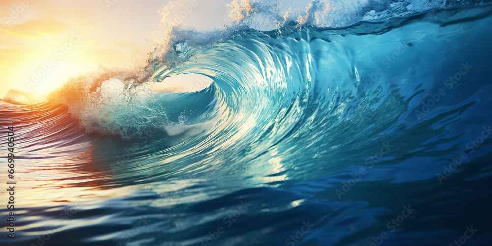 Closeup of the ocean wave. The sea in the light of summer sunset. Travel, vacation concept. Generative AI Closeup of the ocean wave. The sea in the light of summer sunset. Travel, vacation concept. Generative AI