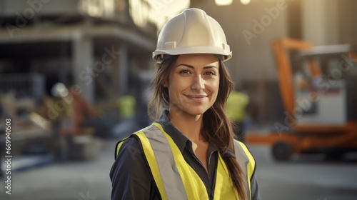 portrait of a smiling young female engineer working at a construction site. Wear a white construction safety helmet, work vest and ppe photo
