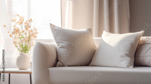 Blank template closeup pillowcase mockup. White pillow cover canvas. Cushion case. Decorative beige soft pillows. Domestic textile. Living lounge room interior. Flat-lay pillows on sofa. Copy space