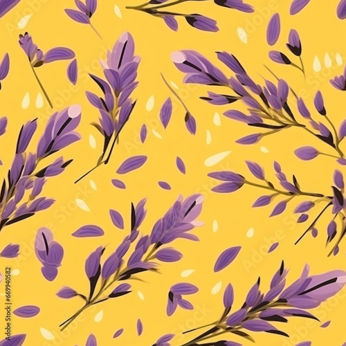 Tilable seamless lavender on yellow background illustration, for fashion, interiors, backgrounds,wall decor, canvas design, fabric pattern design