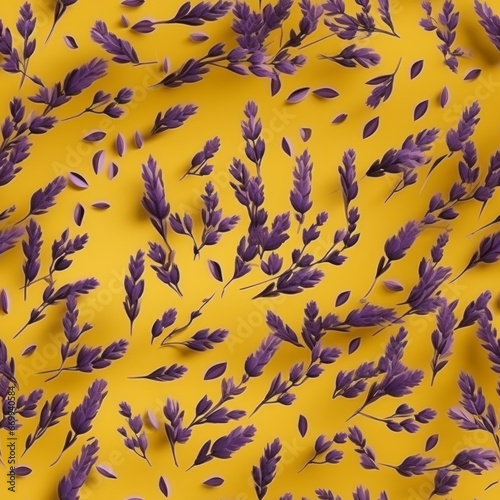 Tilable seamless lavender on yellow background illustration, for fashion, interiors, backgrounds, wall decor, canvas design, fabric pattern design