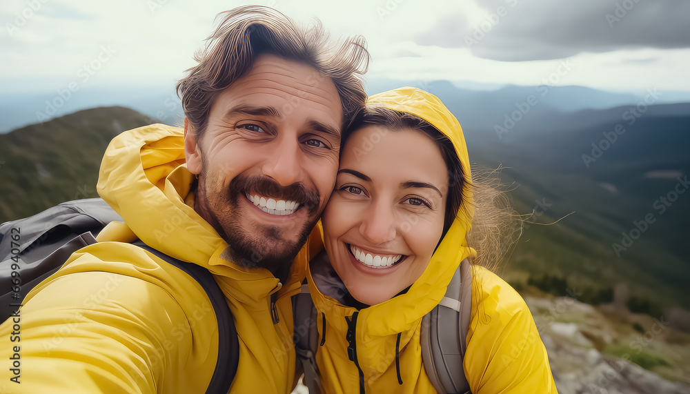 Young couple in yellow jackets taking selfies in the mountains