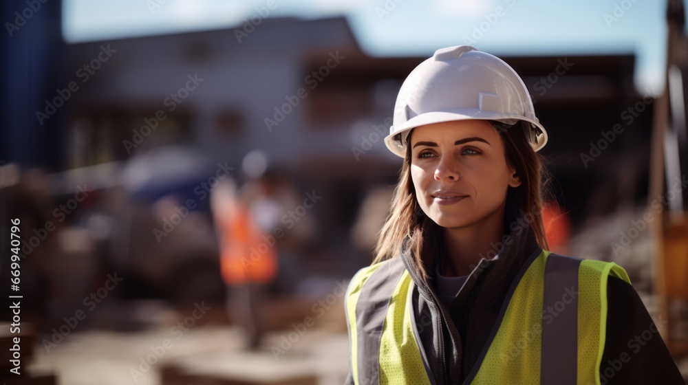 portrait of a smiling young female engineer working at a construction site. Wear a white construction safety helmet, work vest and ppe portrait of a smiling young female engineer working at a construction site. Wear a white construction safety helmet, work vest and ppe