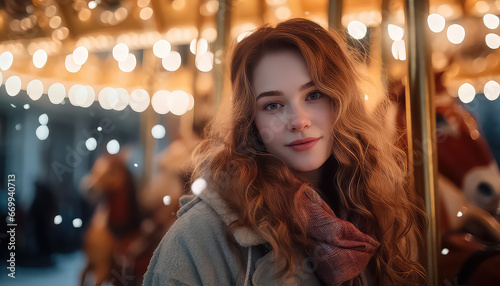 Portrait of a beautiful girl on a blurred background in an amusement park