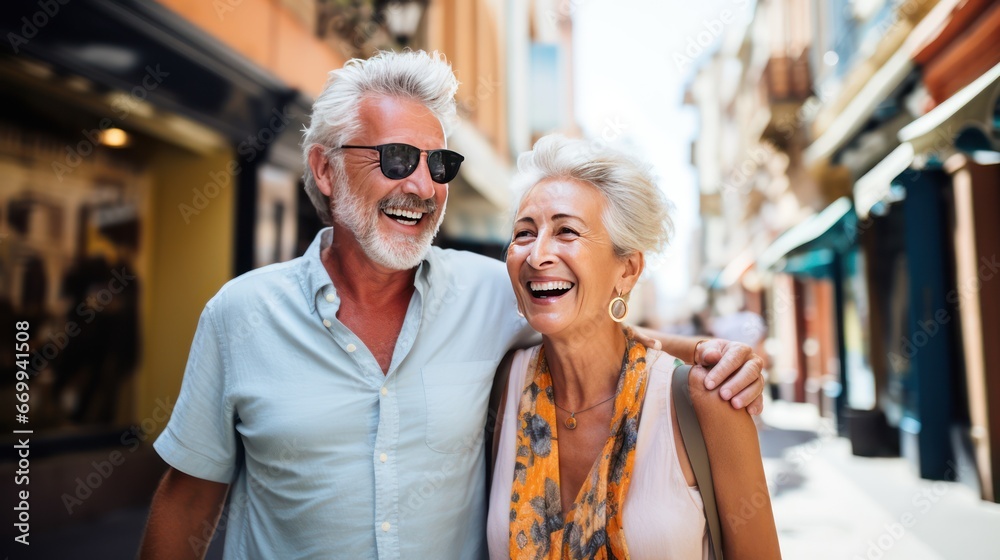 Old couple wearing sunglasses walk smiling on vacation. Senior husband hugging mature wife in bright hat while walking in touristic city center having rest on summer vacation. Old couple wearing sunglasses walk smiling on vacation. Senior husband hugging mature wife in bright hat while walking in touristic city center having rest on summer vacation.