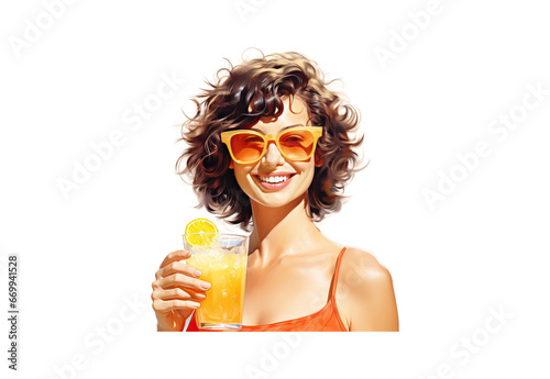 Happy woman drinking orange juice at beach in summer