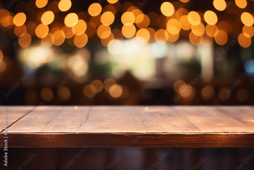 A wooden table takes center stage against the artistic backdrop of abstract, blurred restaurant lights, setting the scene for a memorable dining experience. Created with generative AI tools - obrazy, fototapety, plakaty 