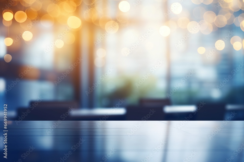 An abstract light bokeh effect within a blurred, unoccupied open-space office—an ideal background for creative designs. Created with generative AI tools An abstract light bokeh effect within a blurred, unoccupied open-space office—an ideal background for creative designs. Created with generative AI tools