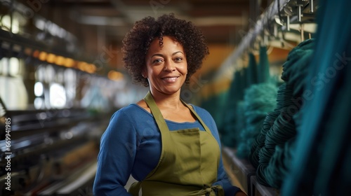A mature African American woman works carefully in a weaving factory. A woman weaver standing behind a loom looks at the camera smiling.
