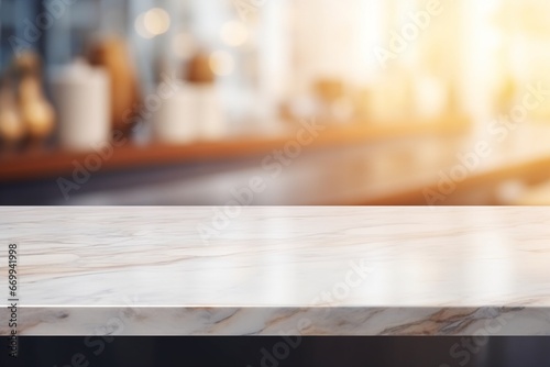 On a blurred kitchen backdrop, a marble counter table top offers a versatile canvas for presenting products or creating design concepts. Created with generative AI tools