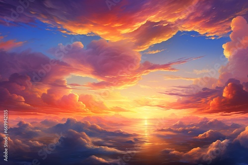 utterly mesmerizing sunset where colorful clouds are ignited by the setting sun, creating a scene of epic proportions—a breathtaking and vivid sunset landscape. Created with generative AI tools