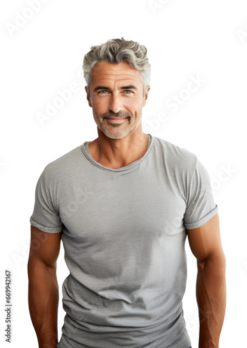 Happy and smiling middle-aged man portrait, wearing t-shirt, isolated on transparent white background photo