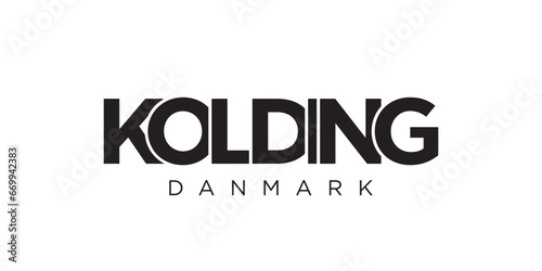 Kolding in the Denmark emblem. The design features a geometric style, vector illustration with bold typography in a modern font. The graphic slogan lettering.