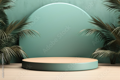 Abstract green cylinder pedestal podium display against tropical background. Product presentation, mock up, show natural cosmetic product © SappiStudio