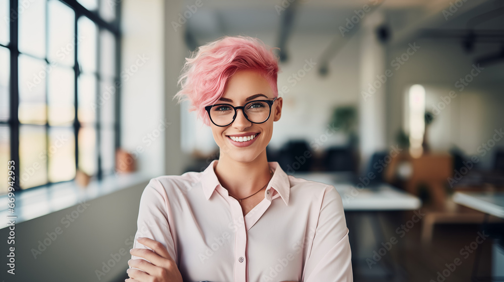 young happy artist woman with short pink hair wearing glasses and looking at the camera standing inside a working place - obrazy, fototapety, plakaty 