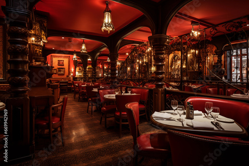 Luxury restaurant interior with red chairs, tables and lighting