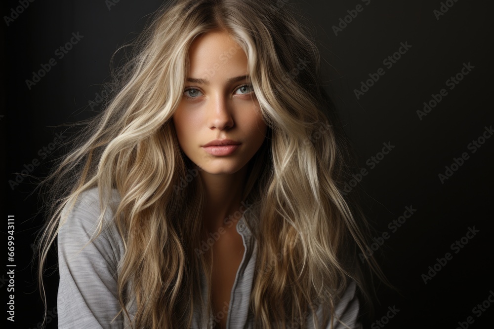 Attractive woman with blond or brown hair on black background. Confident and elegant, facing front. Generated AI Attractive woman with blond or brown hair on black background. Confident and elegant, facing front. Generated AI