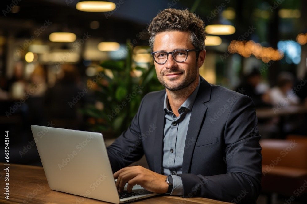 Businessman using laptop at office table, smiling. Generated AI
