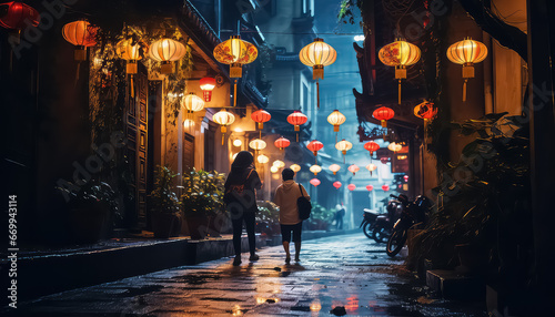 Asian lanterns in city, Chinese New Year concept