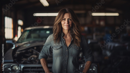 woman mechanic smiles brightly to greet a customer in the garage.