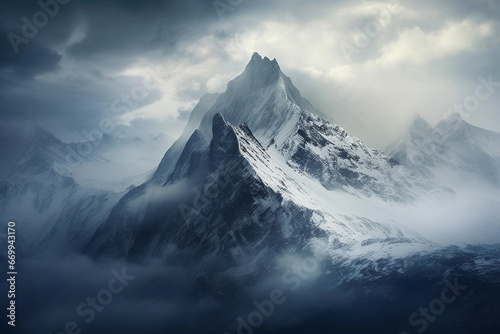 Mountain landscape with snow and clouds